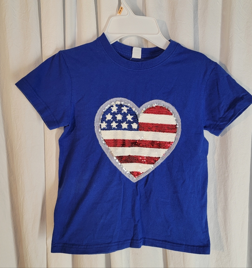 Blue Kids 4-5T T-Shirt with Sequin Flag/USA Heart Design